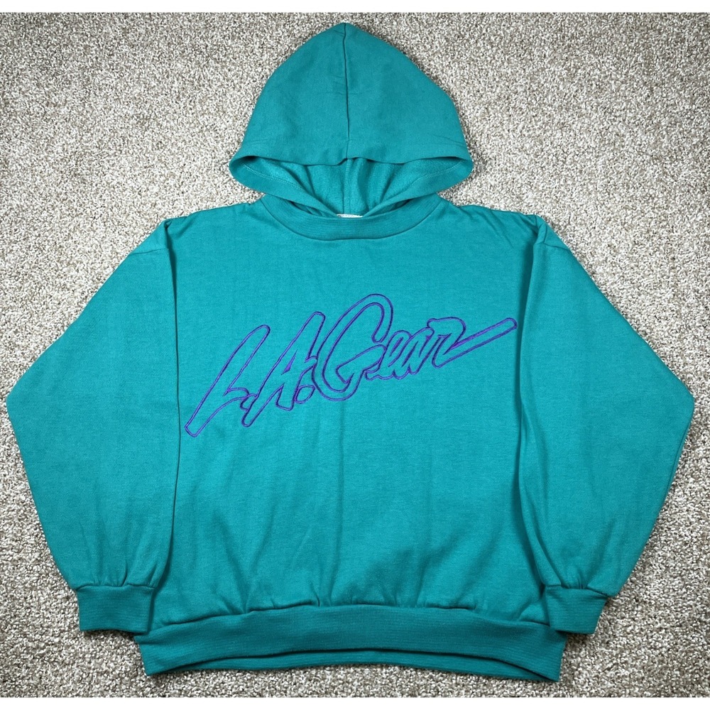 Vintage LA Gear Women's Hoodie Aqua Size Medium Pullover Sweatshirt Embroidered
